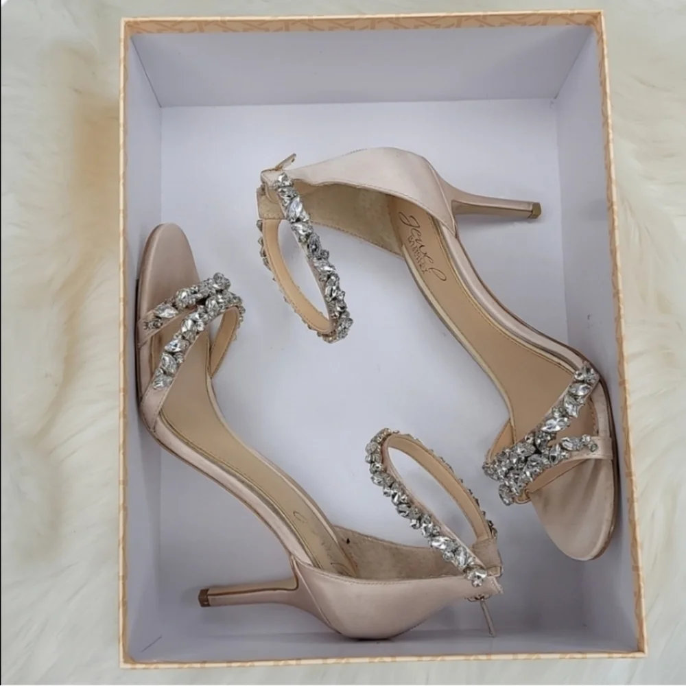 JEWEL BADGLEY MISCHKA Caroline Embellished Strap Evening Shoe Heels Champagne